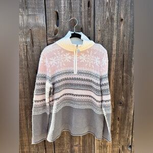 Christopher & Banks Pink Gray White Knit Turtleneck Quarter Zip Vintage Sweater